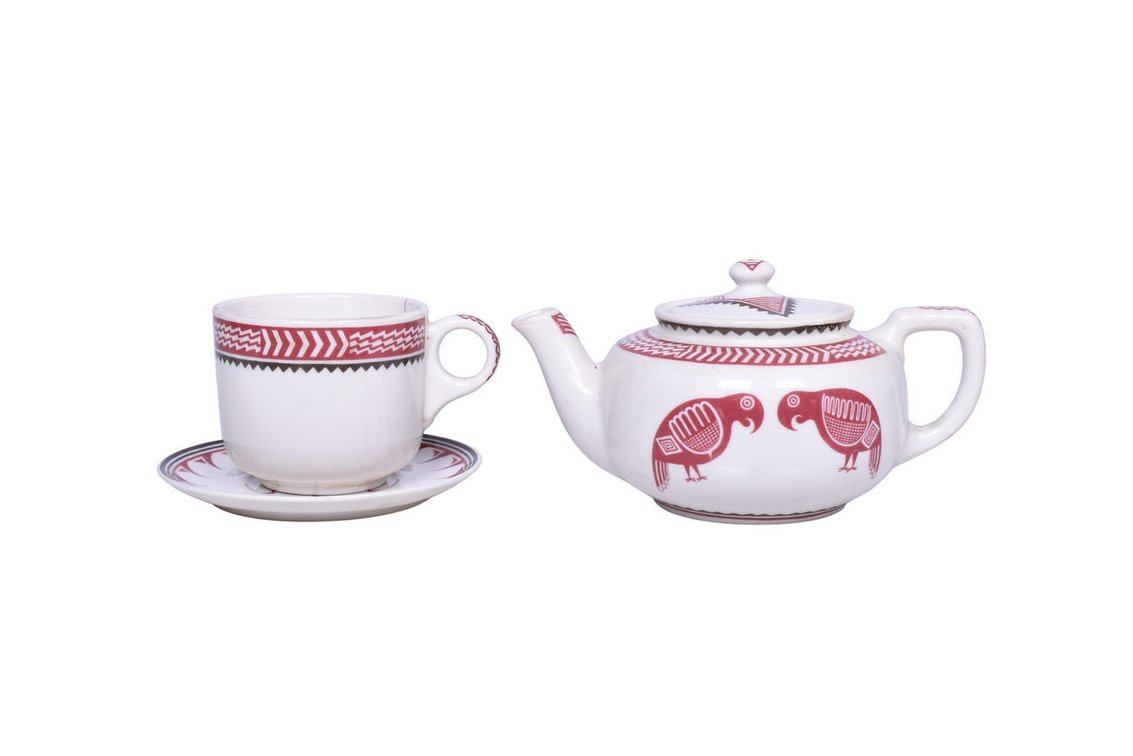 3 Pieces of Atchison, Topeka, and Santa Fe Dining Car China - Mimbreno Teapot, Coffee Mug, Saucer