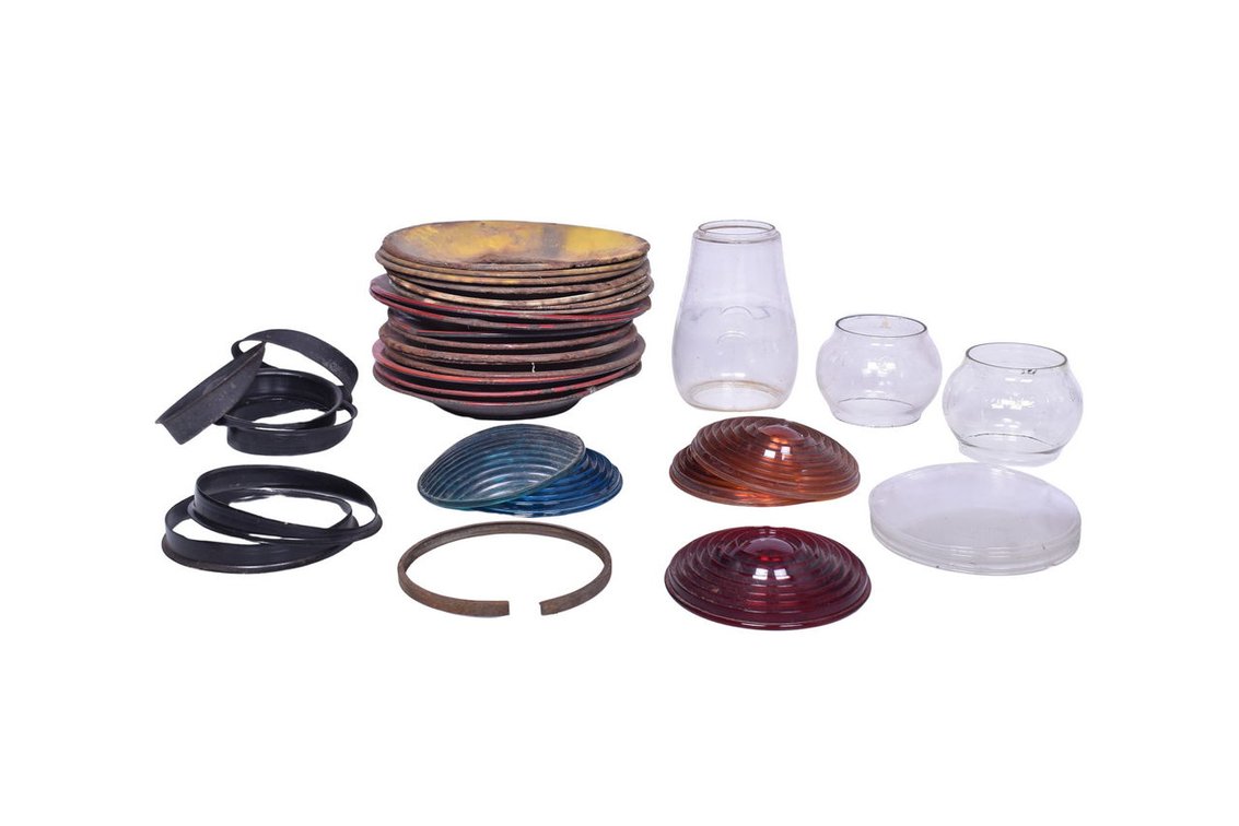 Thirty-Two Piece Collection of Lamp and Lantern Accessories for Restoration - Day Targets, Hardware, Lenses and Globes