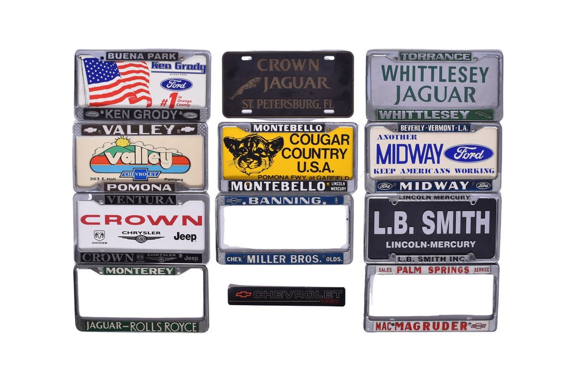 Ten Metal License Plate Frames - Dealerships Rolls Royce, Jaguar, Chevy