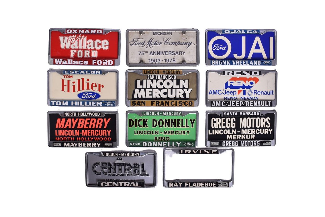 Ten Metal License Plate Frames - Ford 75th Anniversary, Dealerships Lincoln-Mercury, Ford