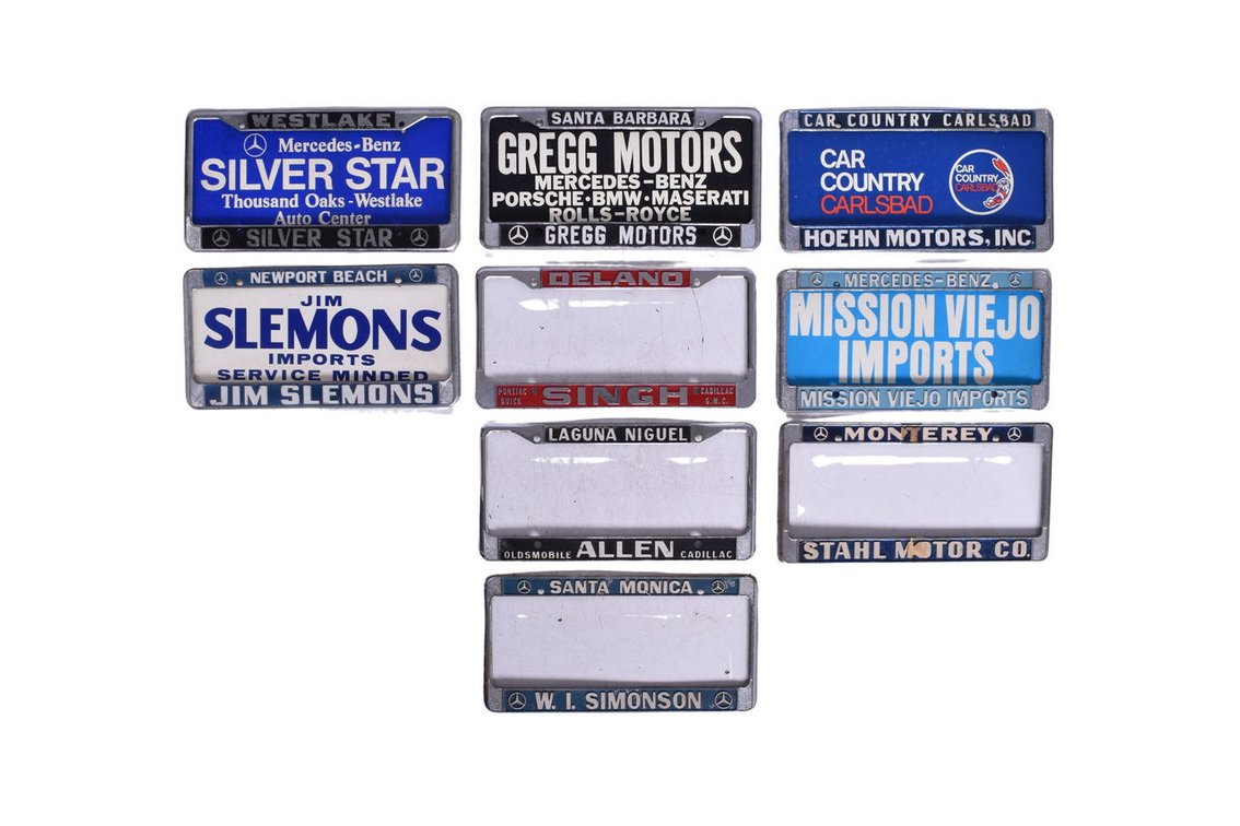 Ten Metal License Plate Frames - Dealerships Mercedes-Benz, Cadillac, Pontiac, Etc.
