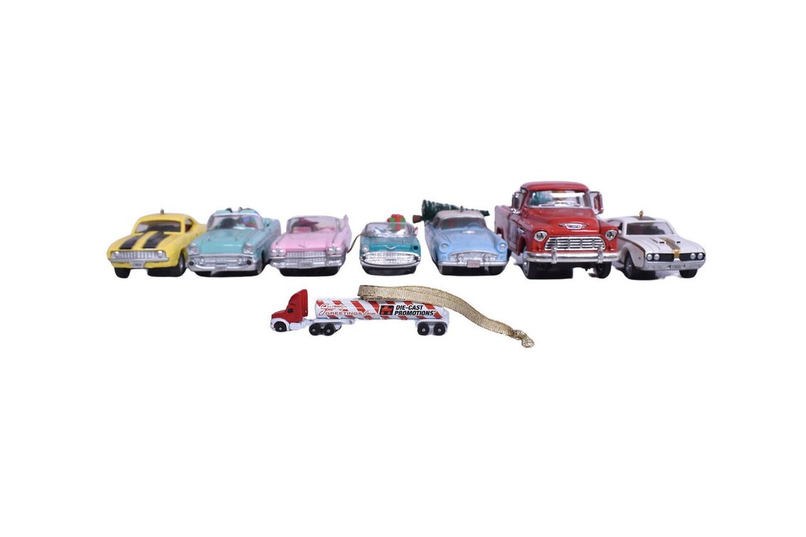 Eight Christmas / Holiday Themed Model Car Ornaments