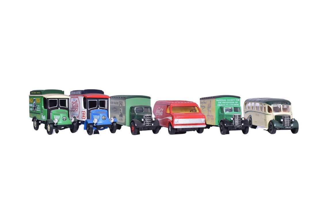 Six Corgi Model Vans - Bedford O.B. Coach, Bedford 'O' Series Van, and Chevrolet