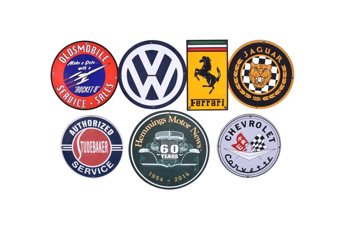 Seven Reproduction Car Service / Manufacturer Signs - Oldsmobile "Rocket 8", Ferrari, Jaguar, Etc.