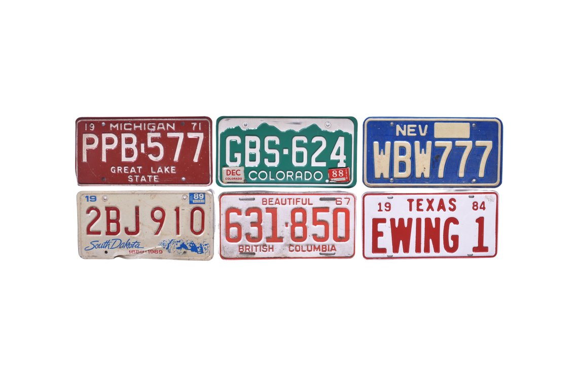 Six 1960s/70s/80s Car License Plates - Michigan, Colorado, South Dakota, Texas, British Columbia