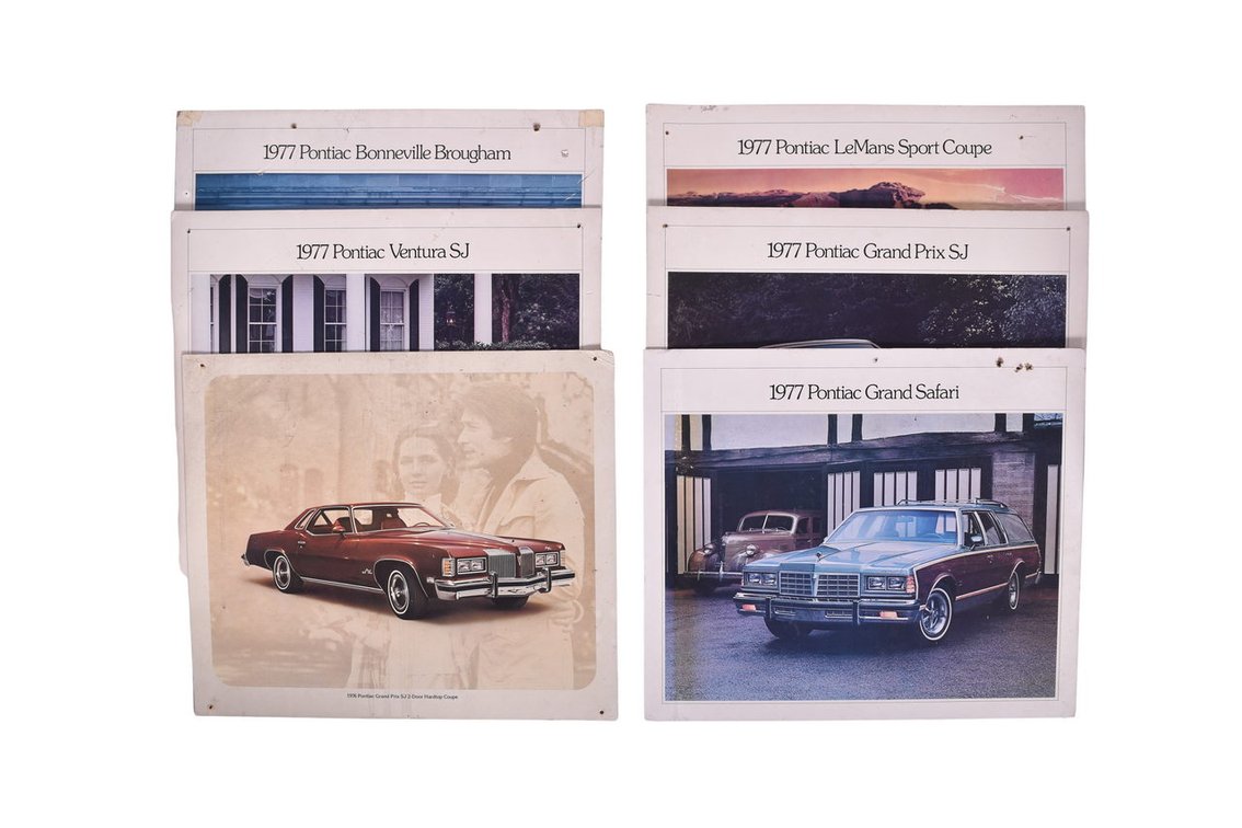 Six Pontiac Car Dealership Advertising Signs 1976-1977 Grand Prix SJ, Grand Safari, Ventura SJ, LeMans Sport Coupe, Bonneville Brougham