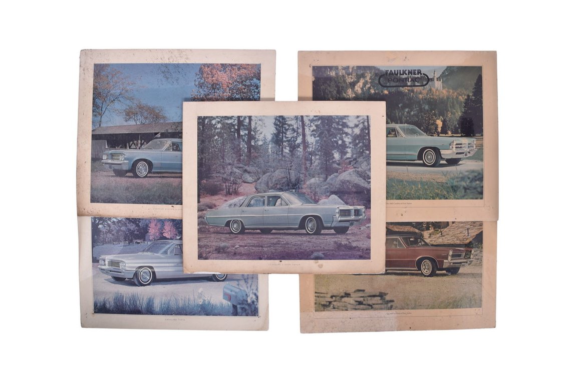 Five Pontiac Car Dealership Advertising Signs 1965- Catalina Sedan, Catalina Vista, Tempest Custom, Le Mans Sedan