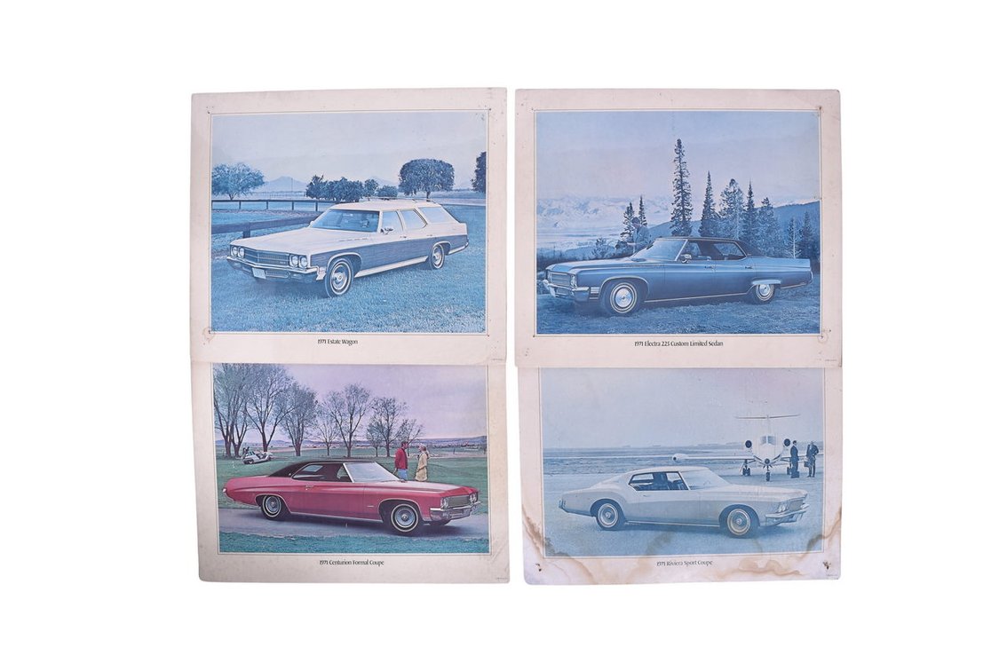 Four Buick Car Dealership Advertising Signs 1971 Riviera Sport Coupe, Centurion Formal Coupe, Estate Wagon, Electra 225 Custom Limited Sedan