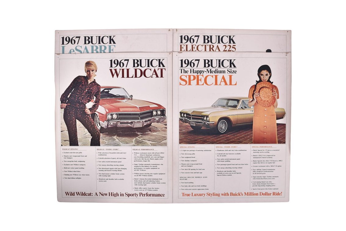 Four Buick Car Dealership Double Sided Advertising Signs 1967 LeSabre, Electra 225, Special, Wildcat
