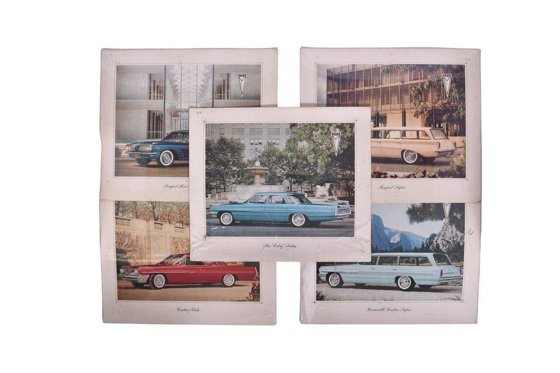 Five Pontiac Car Dealership Advertising Signs 1960-1962 Star Chief Sedan, Bonneville Custom Safari, Ventura Vista, Tempest Sedan, Tempest Safari