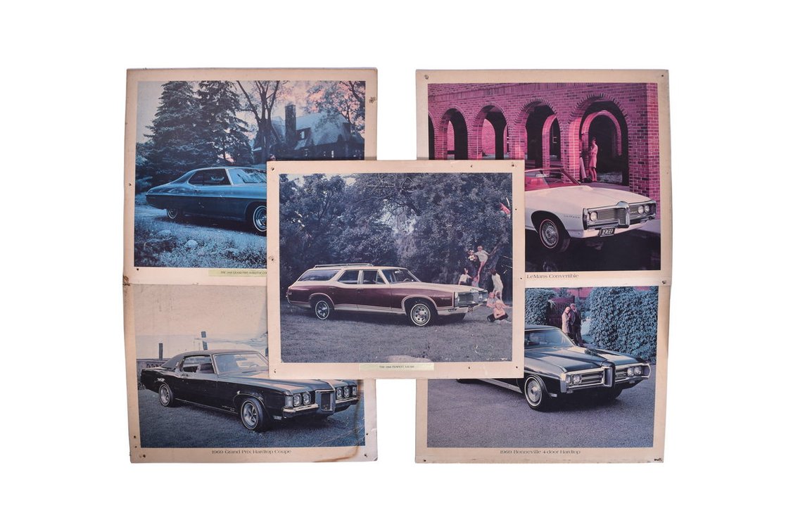 Five Pontiac Car Dealership Advertising Signs 1968-1969 Grand Prix Coupe, Tempest Safari, LeMans Convertible, Bonneville