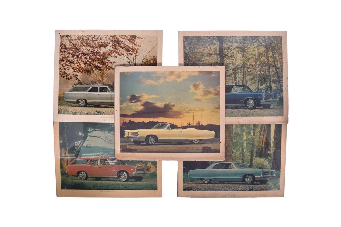Five Pontiac Car Dealership Advertising Signs 1966 Tempest Custom Station Wagon, Bonneville Station Wagon, LeMans, Ventura, Bonneville Convertible