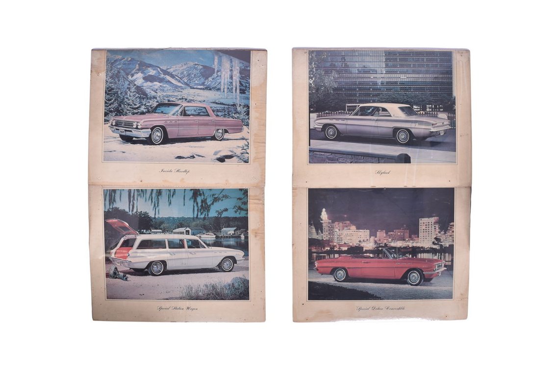 Four Buick Car Dealership Advertising Signs 1961-1962 Special Station Wagon, Invicta, Skylark, Special Deluxe Convertible
