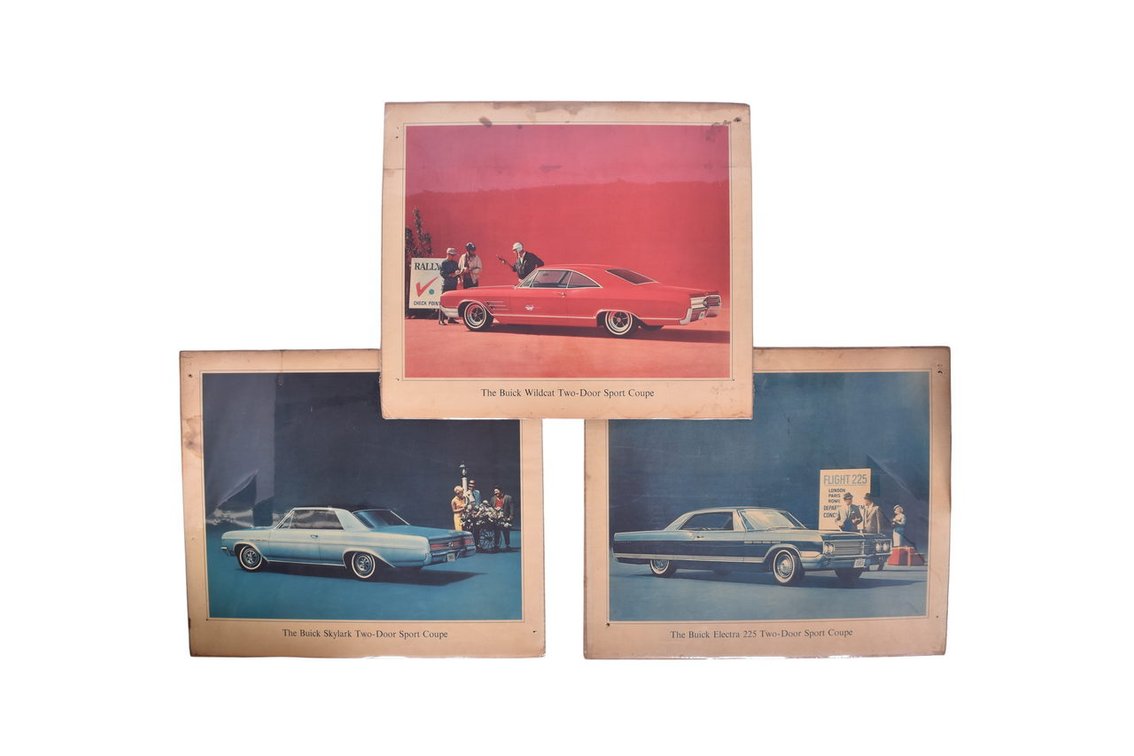 Three Buick Car Dealership Advertising Print Signs 1963-1965 Skylark, Wildcat, Electra 225 Sport Coupe