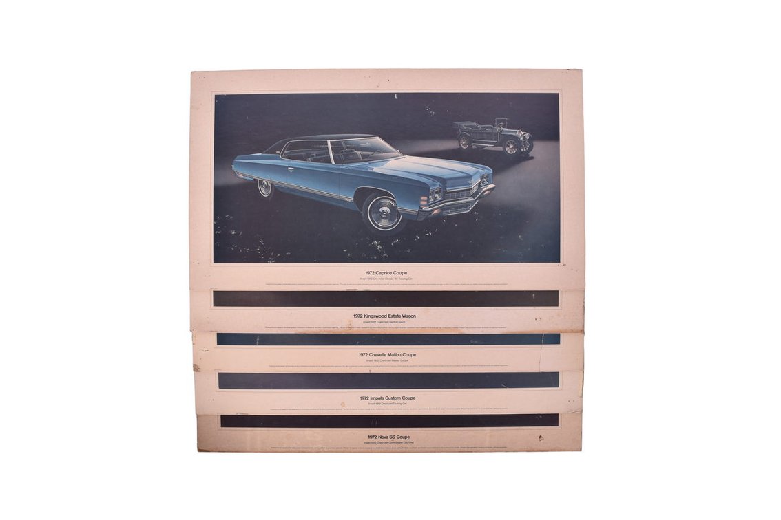 Five Chevrolet Car Dealership Advertising Signs 1972 Impala, Kingswood, Caprice, Chevelle Malibu, Nova SS