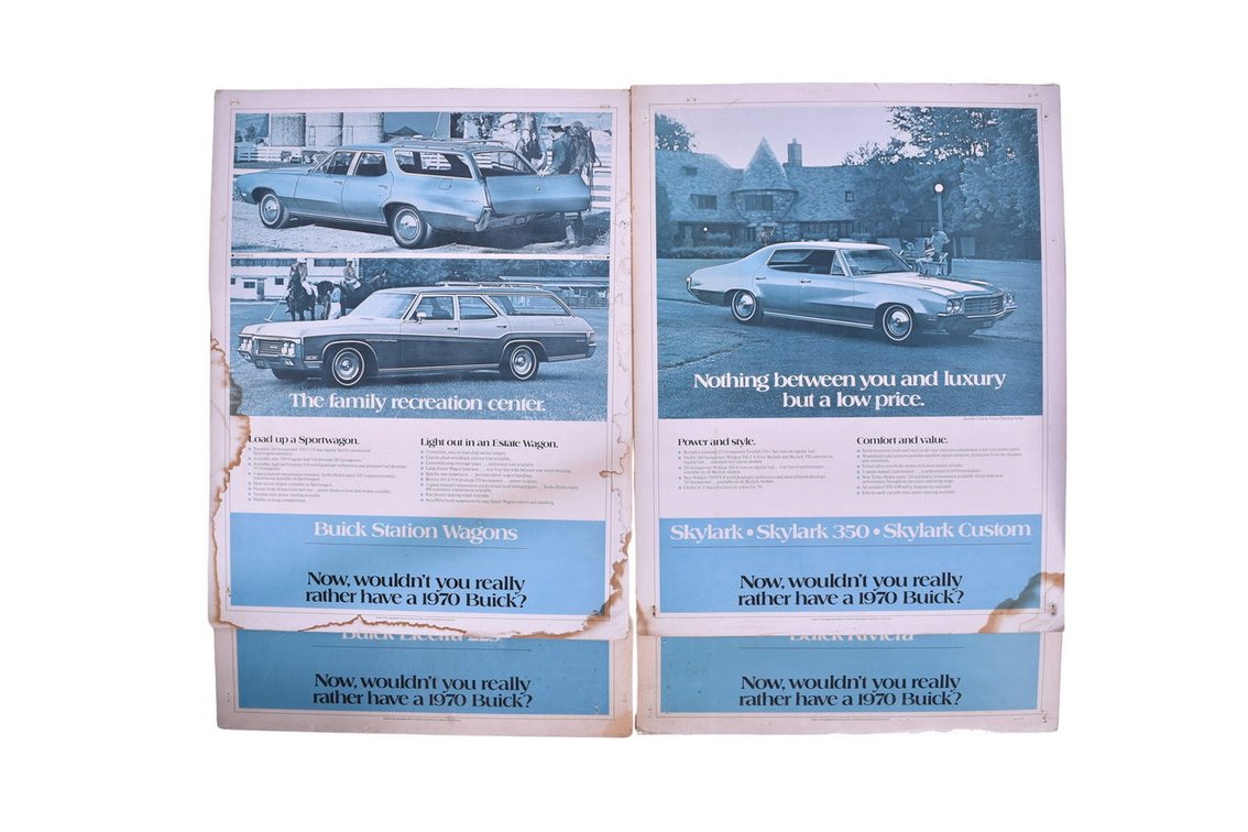 Four Buick Car Dealership Double Sided Advertising Signs 1970 Riviera, Electra 225, Skylark, Station Wagon