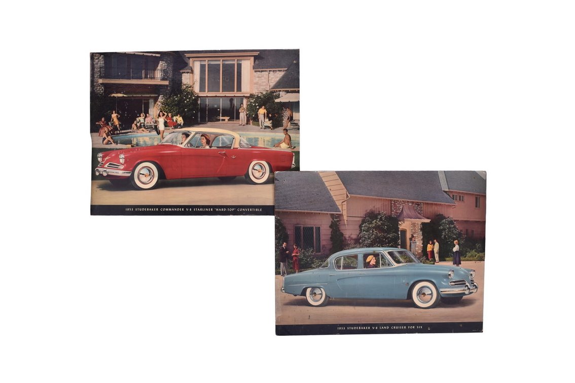 Two Studebaker Car Dealership Advertising Signs 1953 V-8 Land Cruiser and Commander V-8 Starliner Convertible