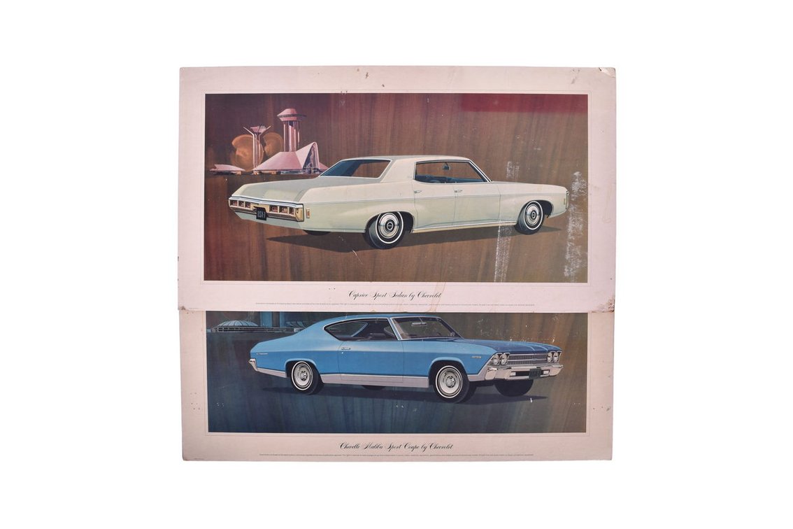 Two Chevrolet Car Dealership Advertising Signs - 1968 Chevelle Malibu Sport Coupe, 1969 Caprice Sport Sedan