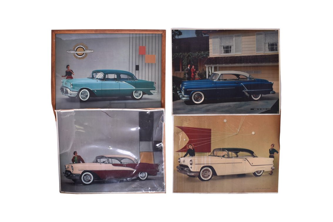 Four Oldsmobile Car Dealership Showroom Transparencies Signs 1955-1957 Super "88" Sedan, Holiday Coupe, Ninety-Eight Deluxe