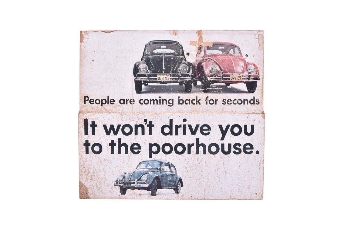 Two 1960s Volkswagen Beetle Car Dealership Display Signs