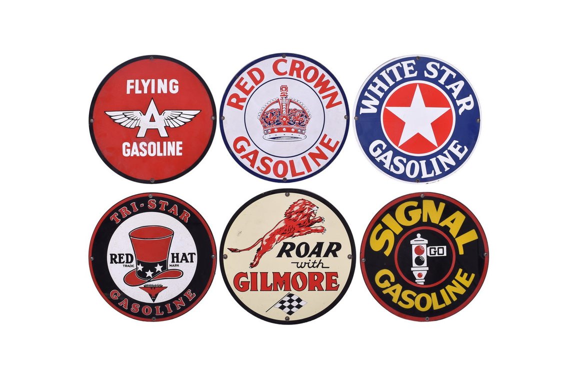 Six Porcelain Gas Pump Advertising Signs Ande Rooney Reproduction
