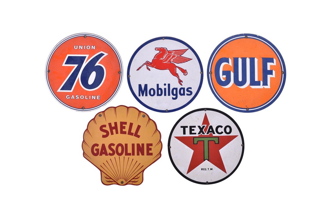 Group of Five Porcelain Gasoline Advertising Signs Repro - Gulf, Mobilgas, Texaco, Shell, Union 76