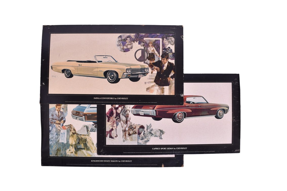 Three Chevrolet Car Dealership Advertising Signs 1968-1971 Impala Convertible, Caprice Sport, Kingswood Estate Wagon