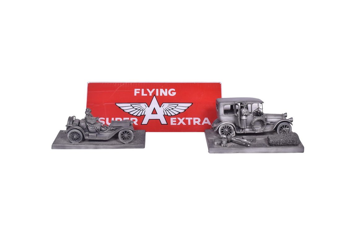 Group of Two Franklin Mint Pewter Cars and Flying A Super Extra Gasoline Ad Glass Panel