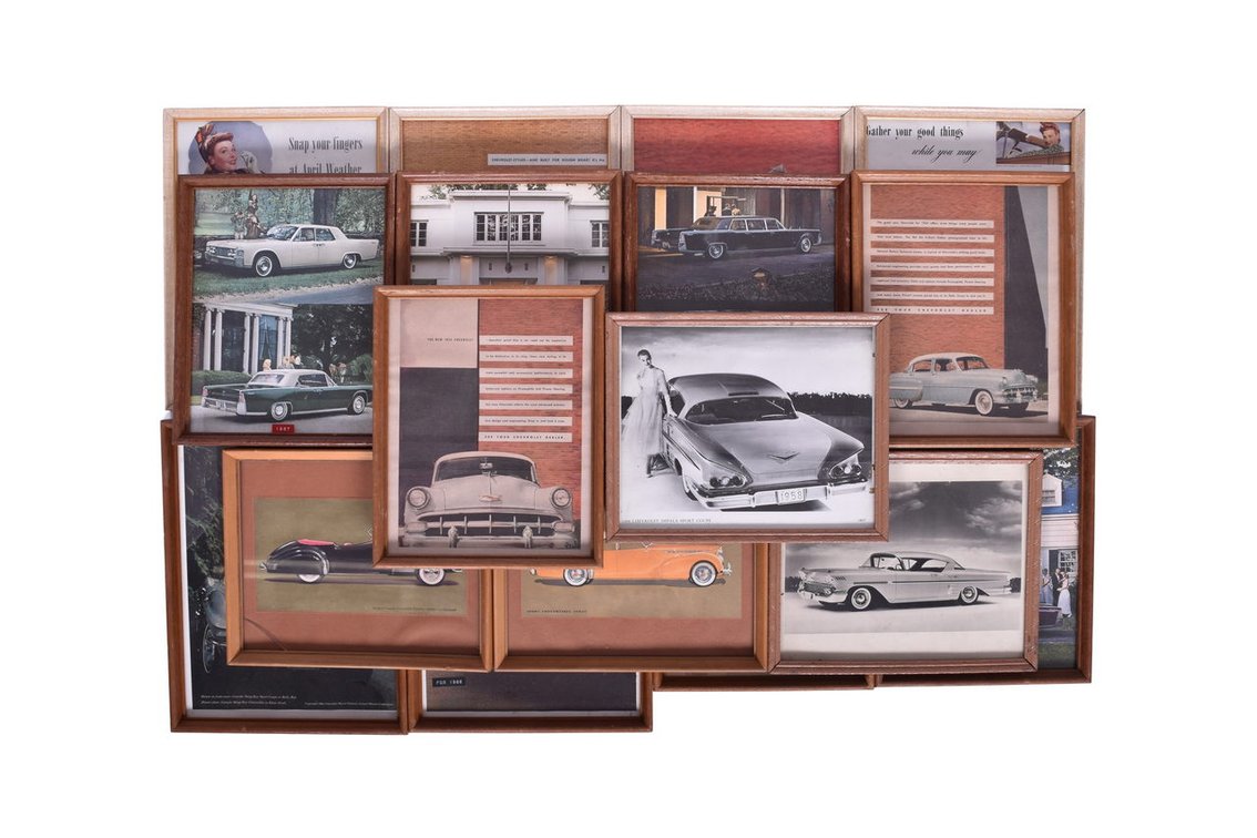 Seventeen Framed Automobile Advertisements - Chevrolet, Packard, Buick and More