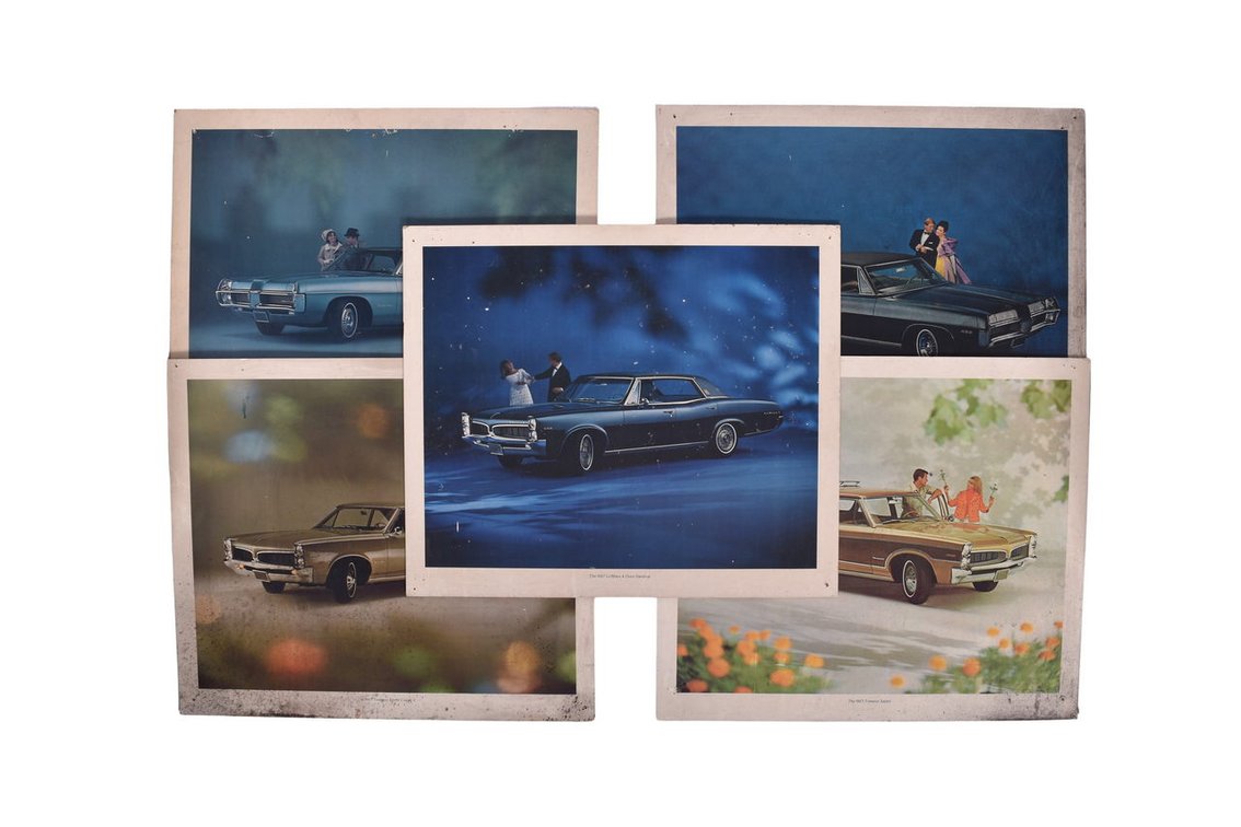 Five Pontiac Car Dealership Advertising Signs 1967 Tempest Sports Coupe, Le Mans, Tempest Safari, Bonneville, Catalina