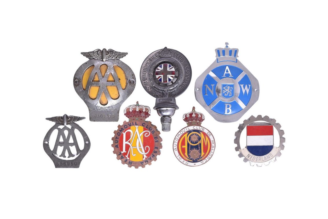 Seven World Wide Automobile Club License Plate Toppers / Decorations - England, Spain, Netherlands