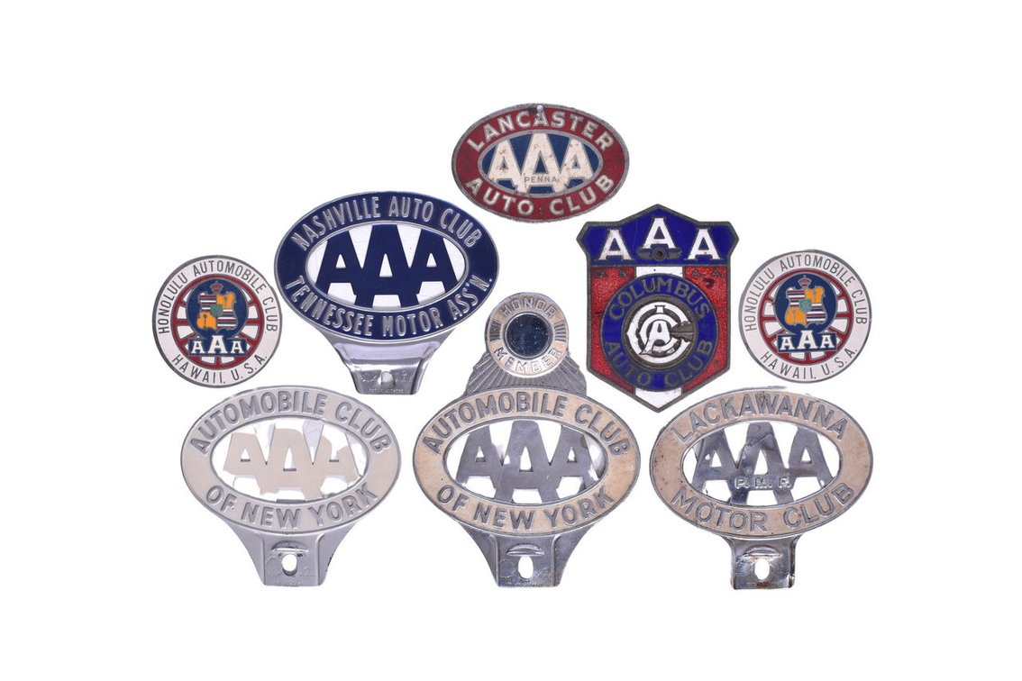 Eight AAA Automobile Club License Plate Toppers / Decorations - Columbus, New York, Honolulu