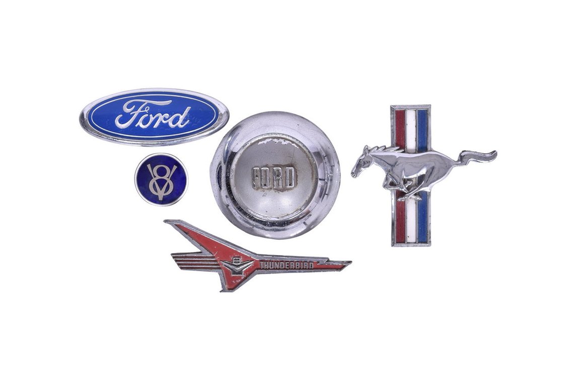 Group of Five Ford Motor Car Emblems / Badges - Mustang, V8, Mainline