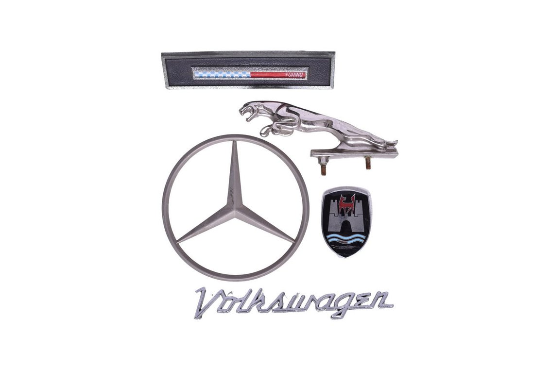 Group of Five Automobile Emblems - Jaguar, Mercedes-Benz, Volkswagen, Fiat
