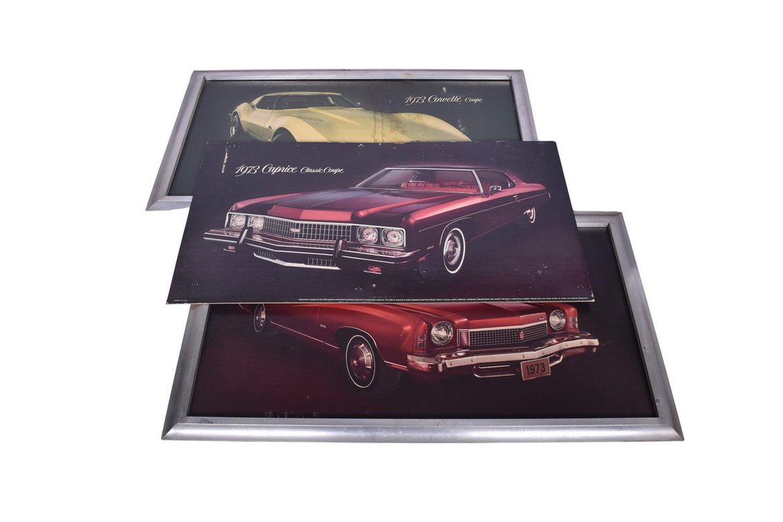 Three 1973 Chevrolet Dealership Promotional Posters - Caprice, Monte Carlo, and Corvette