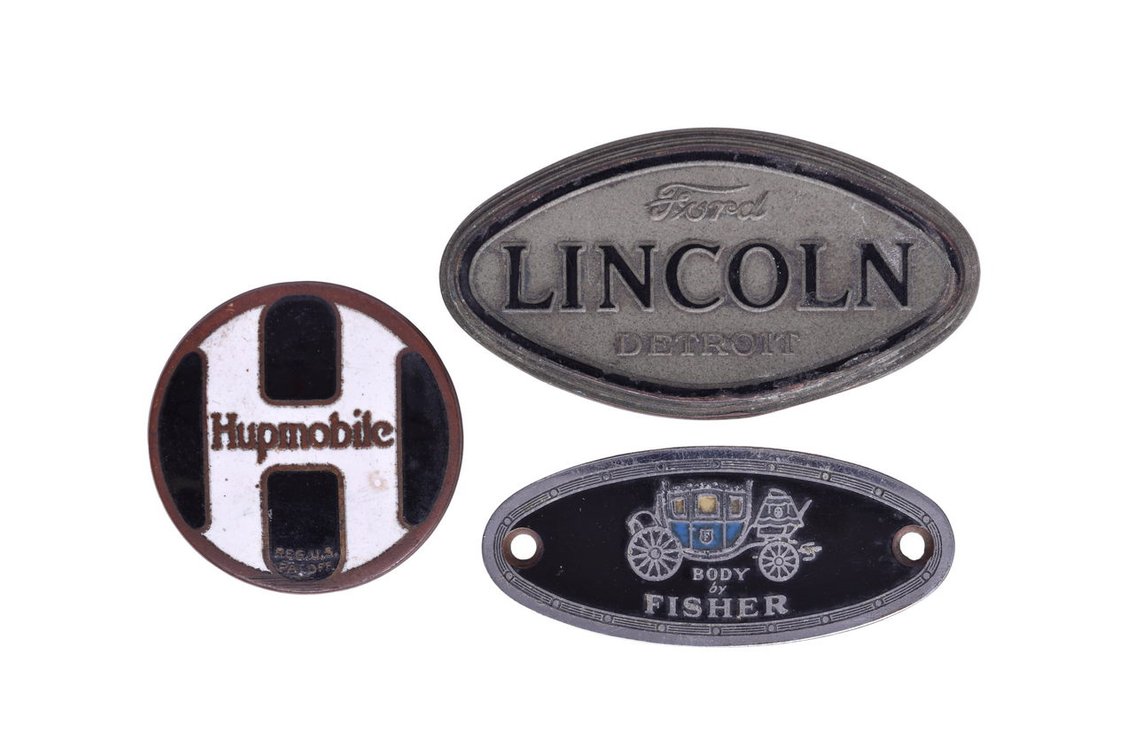 Group of Three Motor Car Radiator Emblems - 1926 Hupmobile, Body By Fisher, Ford Lincoln Detroit