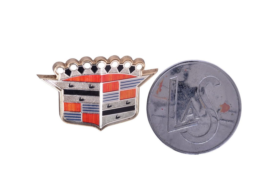 Two Cadillac Motor Car Emblem Badges - Lasalle Hubcap Insert and Trunk Lid Crest Bezel Layout