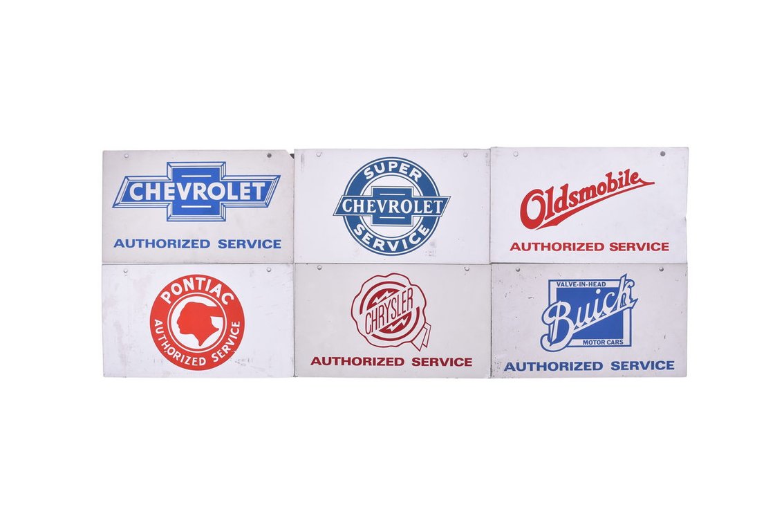 Six Car Dealership Authorized Service Double Sided Repro Advertising Signs - Chevrolet, Chrysler, Pontiac, Oldsmobile, Buick
