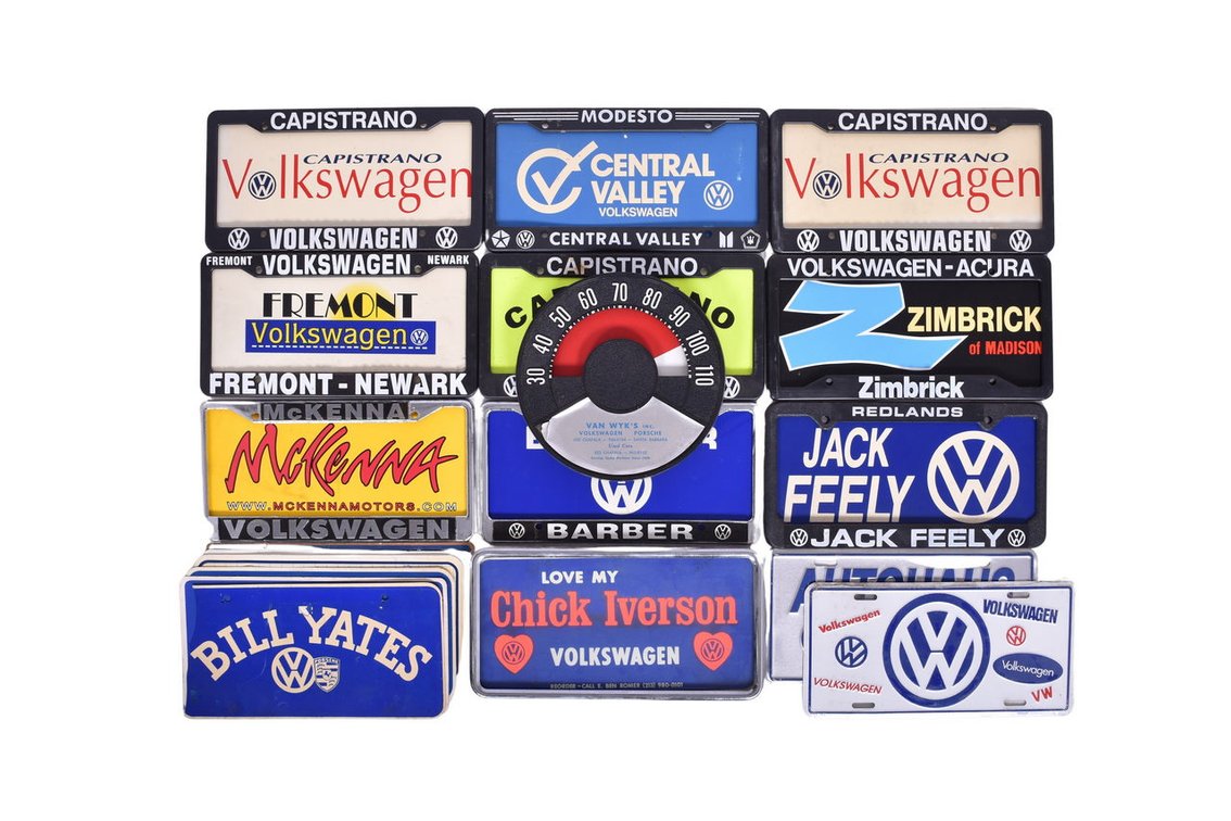 Group of Volkswagen Dealership Promotional Car License Plate Frames, Inserts, Speedometer Display Sign