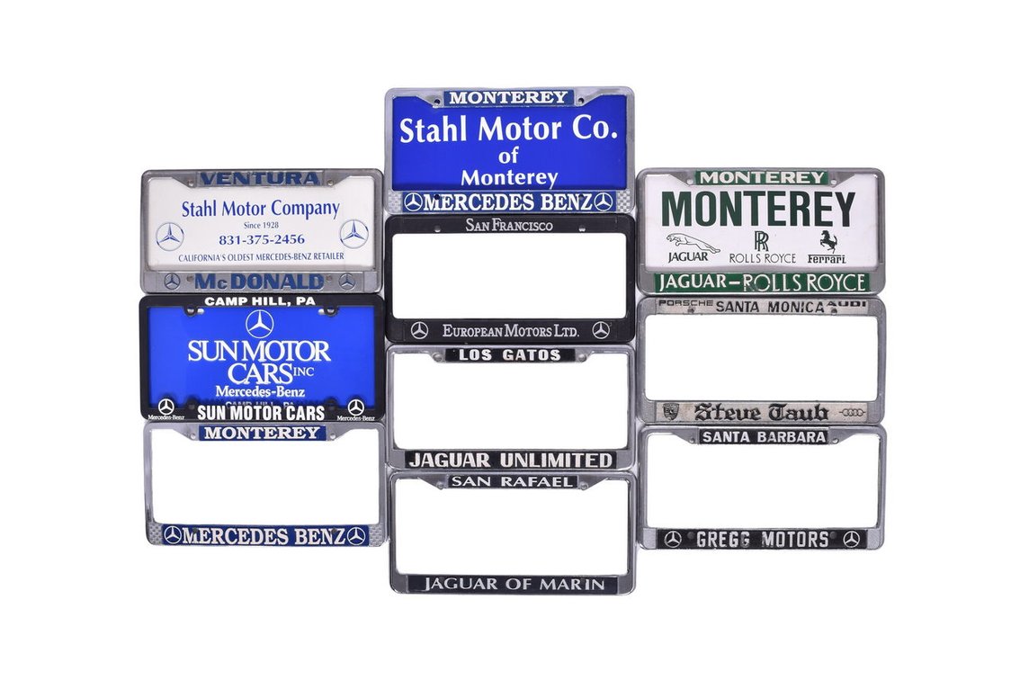 Ten Car Dealership Advertising License Plate Frames and Four Inserts - Mercedes, Jaguar, Rolls Royce, Audi, Porsche, Ferrari