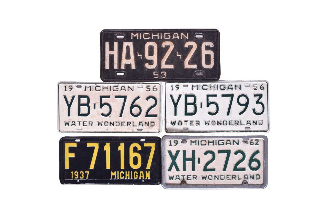 Five Michigan License Plates and One Frame - 1937, 1953, 1956, 1962