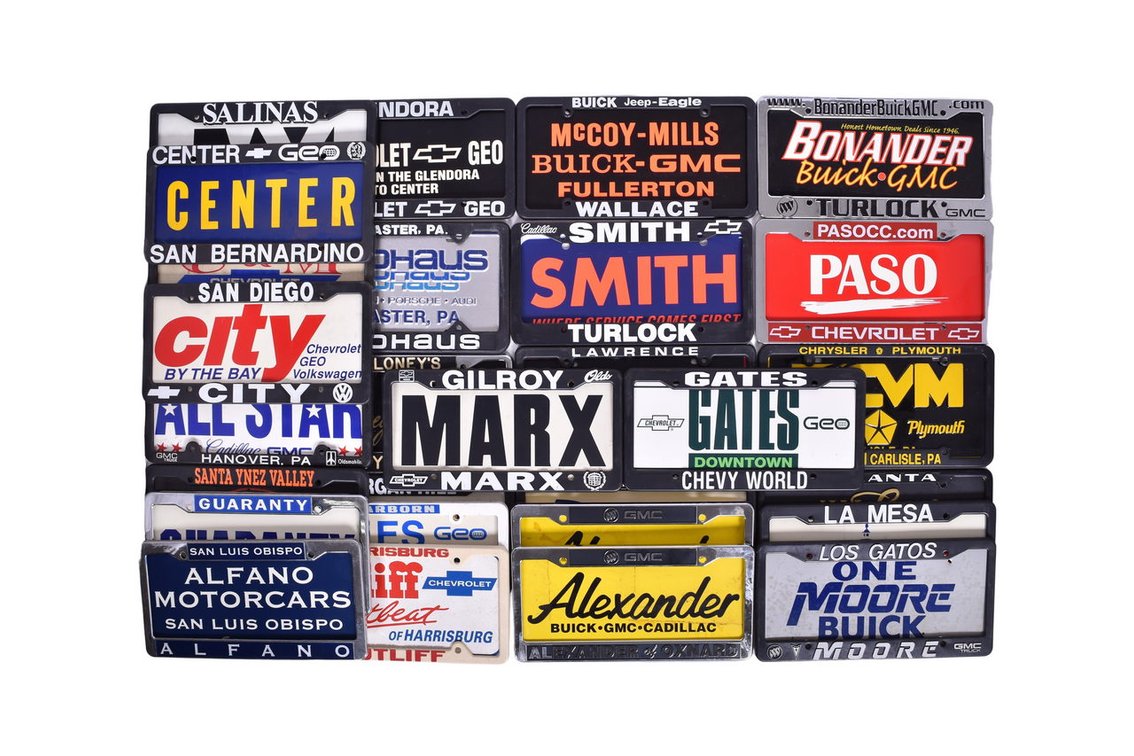 Twenty Eight Car Dealership Advertising License Plate Frames with Inserts - Chevrolet, Geo, Volkswagen, Chrysler, Plymouth, Cadillac, GMC, Buick, and more