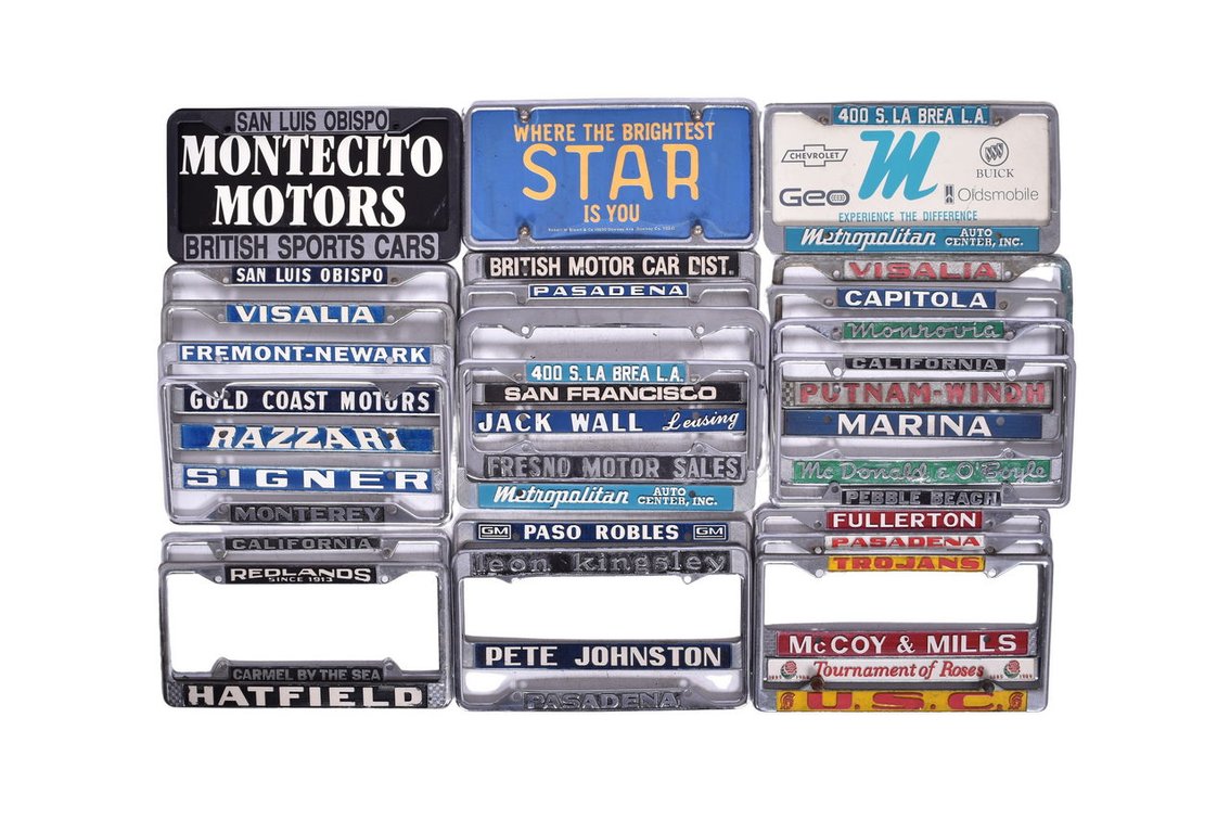 Twelve California Car Dealership License Plate Frames and Three Inserts - Chevrolet, Geo, Buick, Oldsmobile, and more