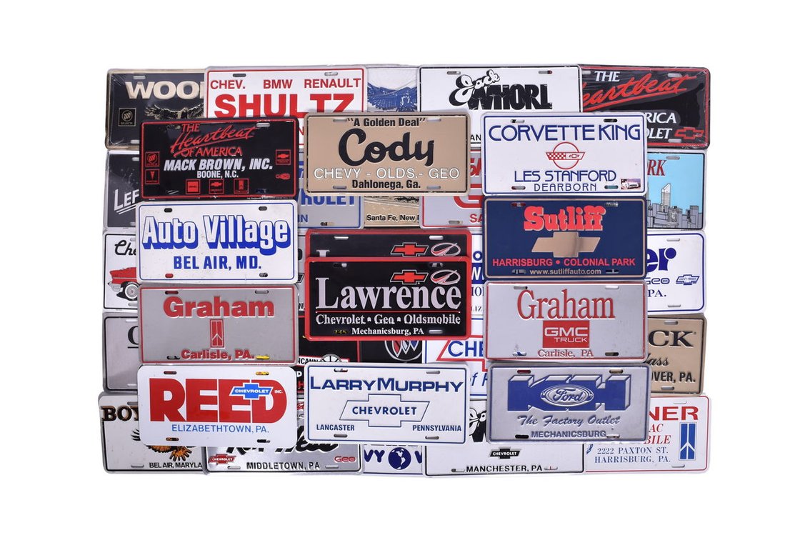 Thirty Six Car Dealership Metal License Plate Inserts - Chevrolet, Cadillac, Buick, Geo, Oldsmobile, Pontiac, Ford, GMC, Mercury