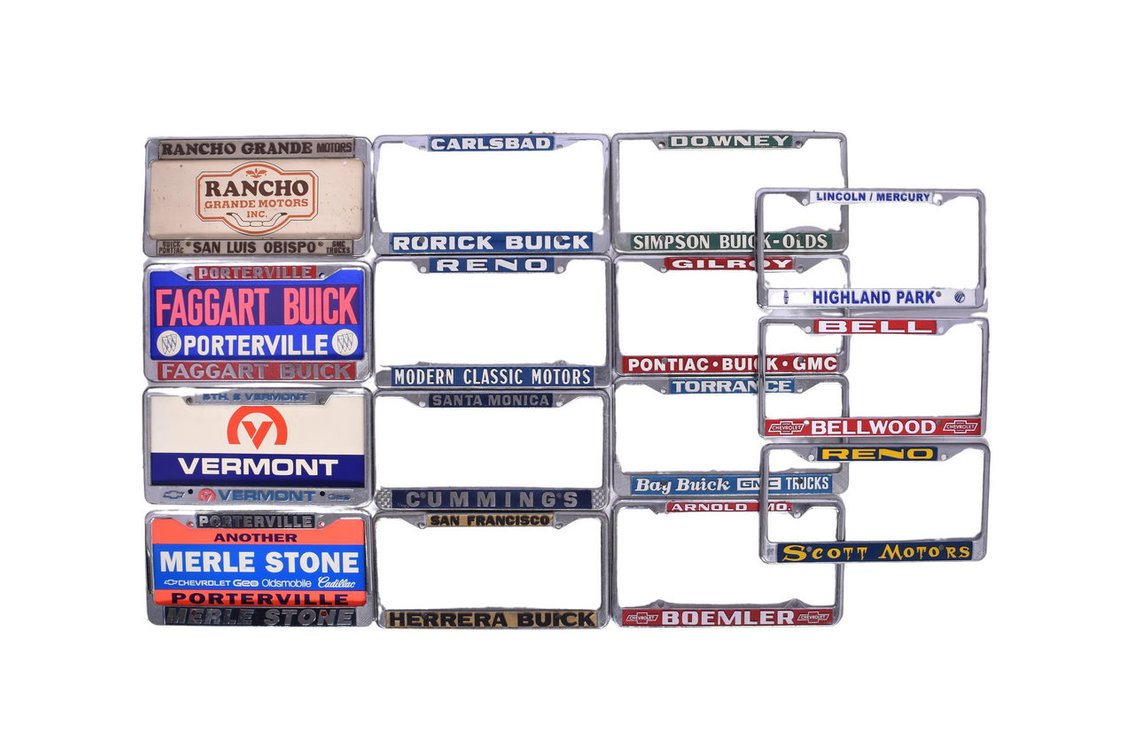 Fifteen Car Dealership Metal License Plate Frames and Four Plastic Inserts - Buick, Oldsmobile, Pontiac, GMC, Chevrolet, Lincoln, Mercury, Geo, and more