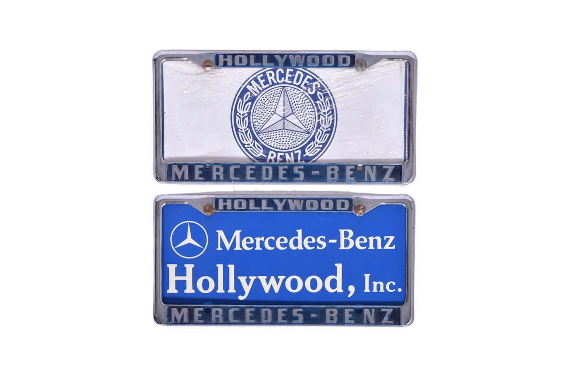 Two Hollywood Mercedes-Benz Car Dealership Metal License Plate Frames with Inserts
