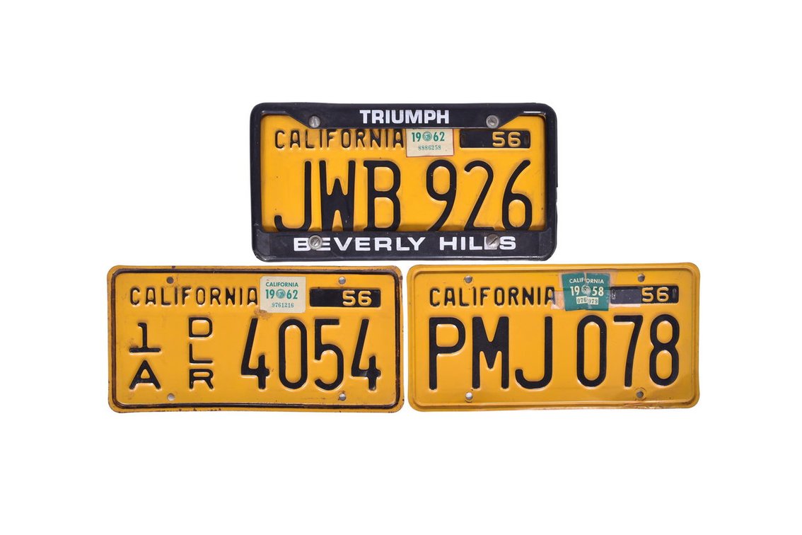 Trio of 1956 California License Plates - Dealer Plate, Beverly Hills Frame