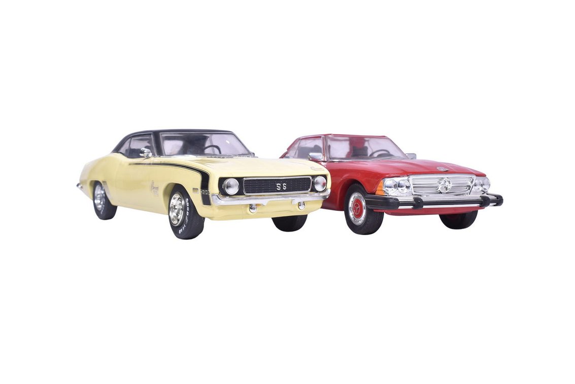 Pair of Ceramic Decanters - 1960s Chevrolet Camaro SS and 1974 Mercedes-Benz 450 SL