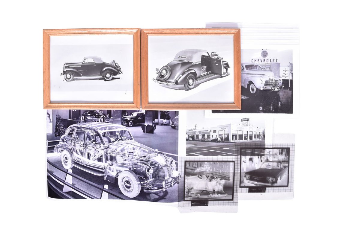 Group of Chevrolet Black and White Photographs, Negatives, and a 1939 Pontiac Deluxe Six Ghost Car Photo
