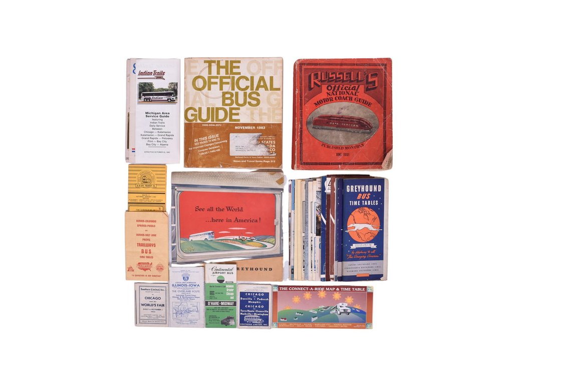 Large Group of Bus Schedules, Greyhound Time Tables, Russell's Official Motor Coach Guide Books, etc.